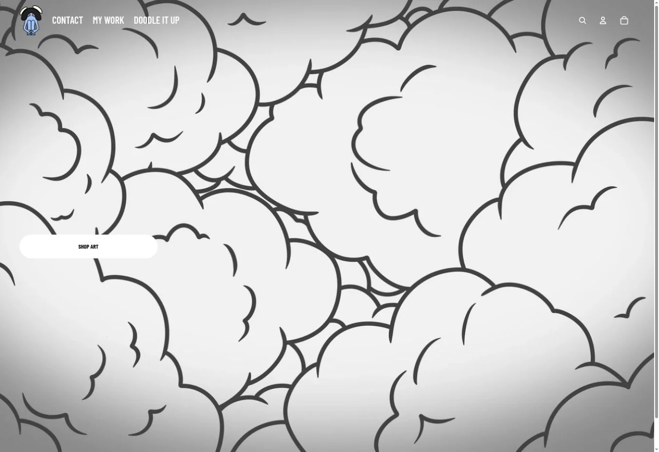 Concentrated Atmosphere storefront with illustrated clouds and Shop Art button