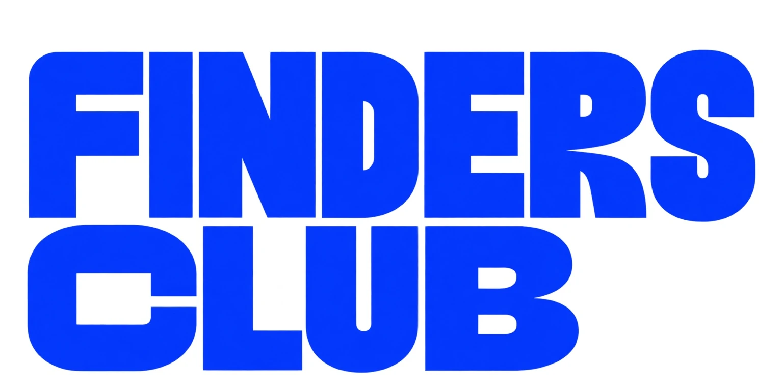 Finders Club wordmark in bold blue lettering on white