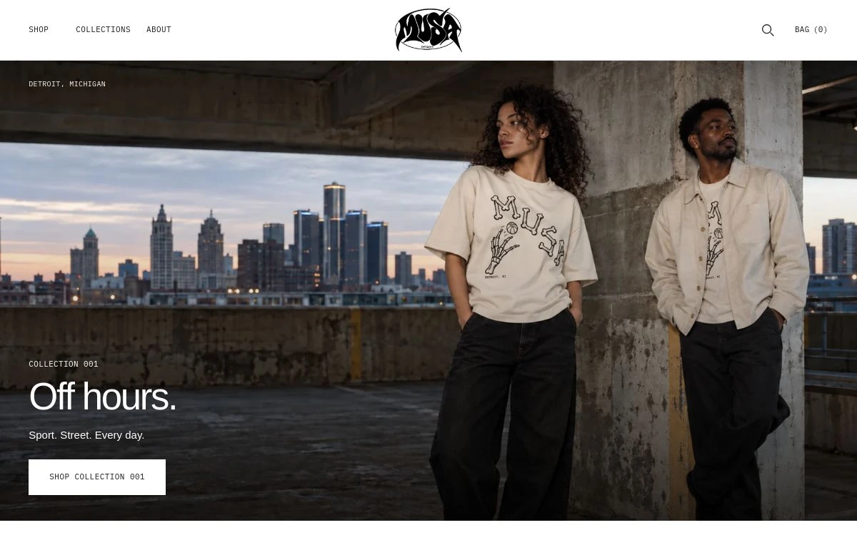 MUSA Detroit website homepage with minimal navigation, Detroit skyline photography, and the Off hours collection